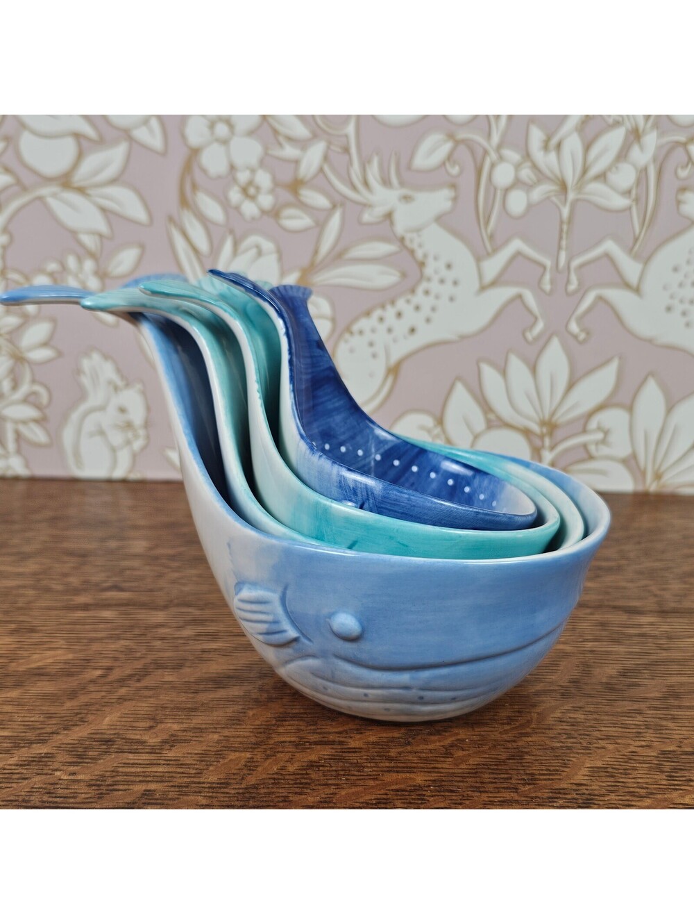 Anthropologie Whale Tail Measuring Cups Set of 4 Blue Ceramic Discontinued